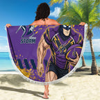 Personalised Melbourne Storm Rugby Beach Blanket Superhero Purple Storm Mascot - Sporty Splash Art Style