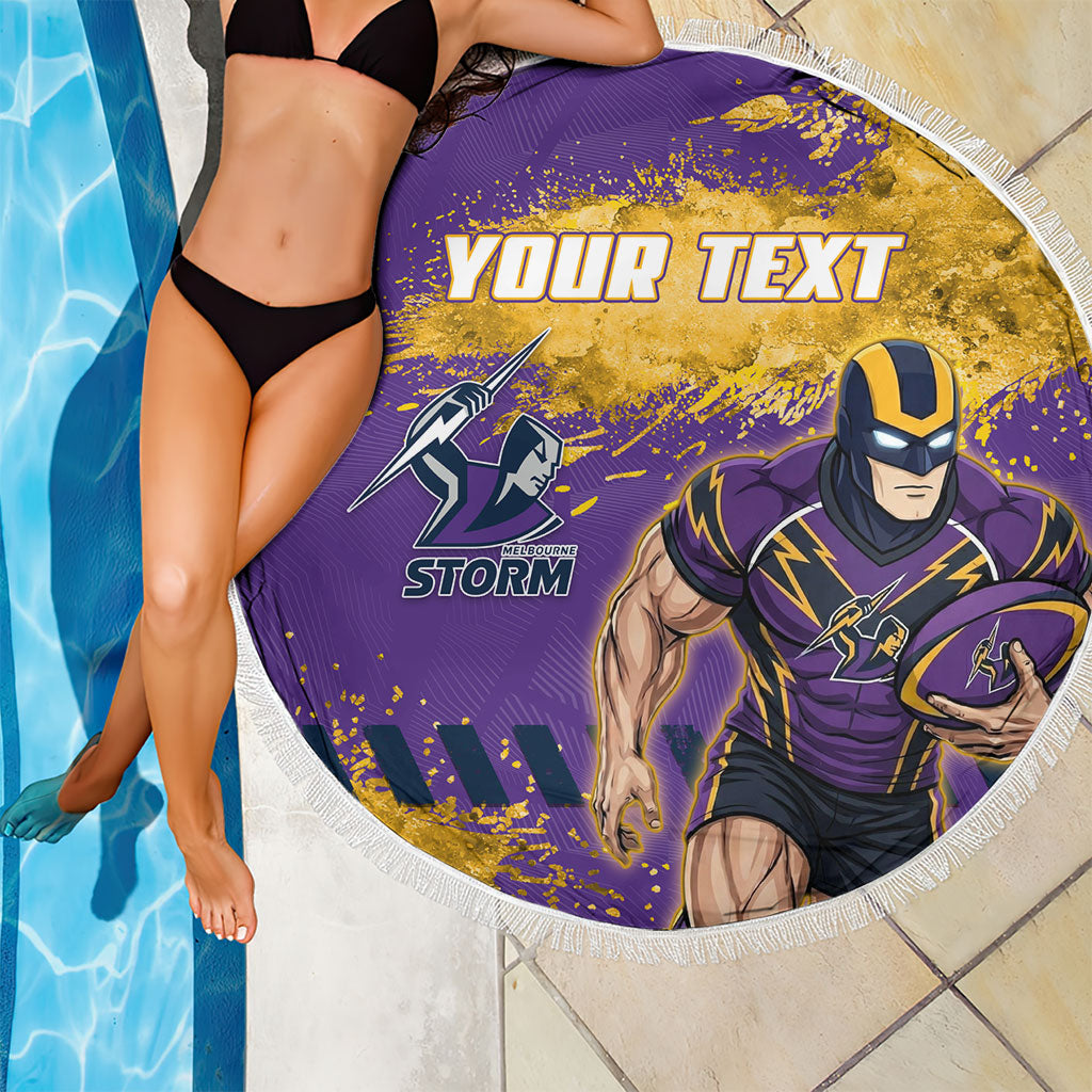 Personalised Melbourne Storm Rugby Beach Blanket Superhero Purple Storm Mascot - Sporty Splash Art Style