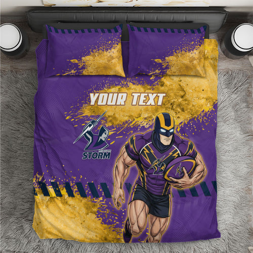 Personalised Melbourne Storm Rugby Bedding Set Superhero Purple Storm Mascot - Sporty Splash Art Style