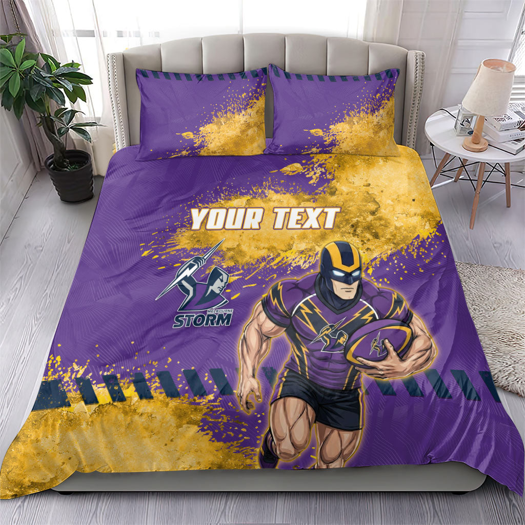 Personalised Melbourne Storm Rugby Bedding Set Superhero Purple Storm Mascot - Sporty Splash Art Style