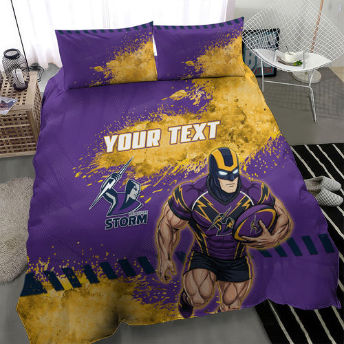 Personalised Melbourne Storm Rugby Bedding Set Superhero Purple Storm Mascot - Sporty Splash Art Style
