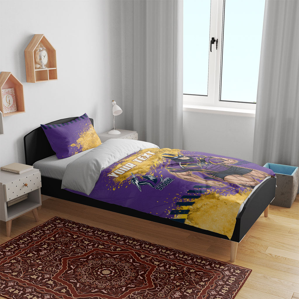 Personalised Melbourne Storm Rugby Bedding Set Superhero Purple Storm Mascot - Sporty Splash Art Style