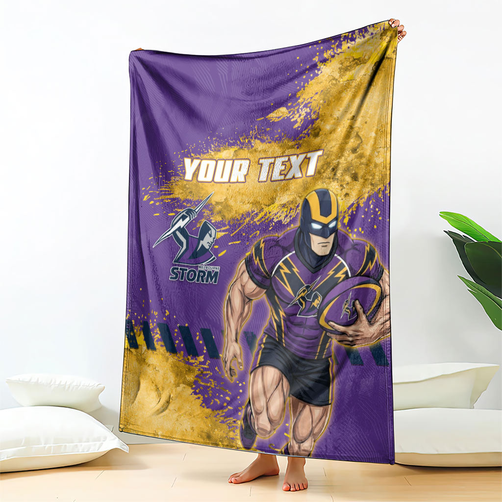 Personalised Melbourne Storm Rugby Blanket Superhero Purple Storm Mascot - Sporty Splash Art Style