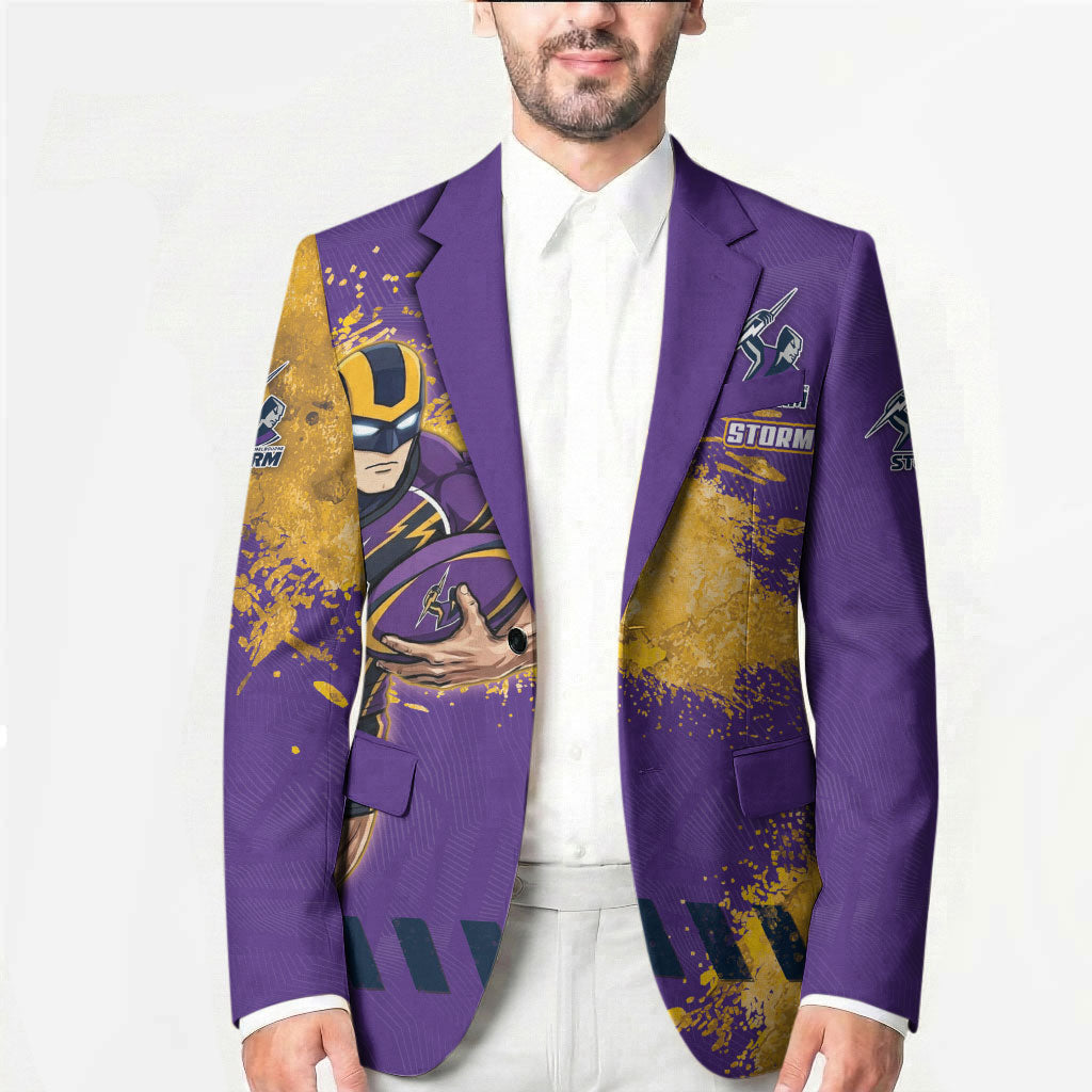 Personalised Melbourne Storm Rugby Blazer Superhero Purple Storm Mascot - Sporty Splash Art Style