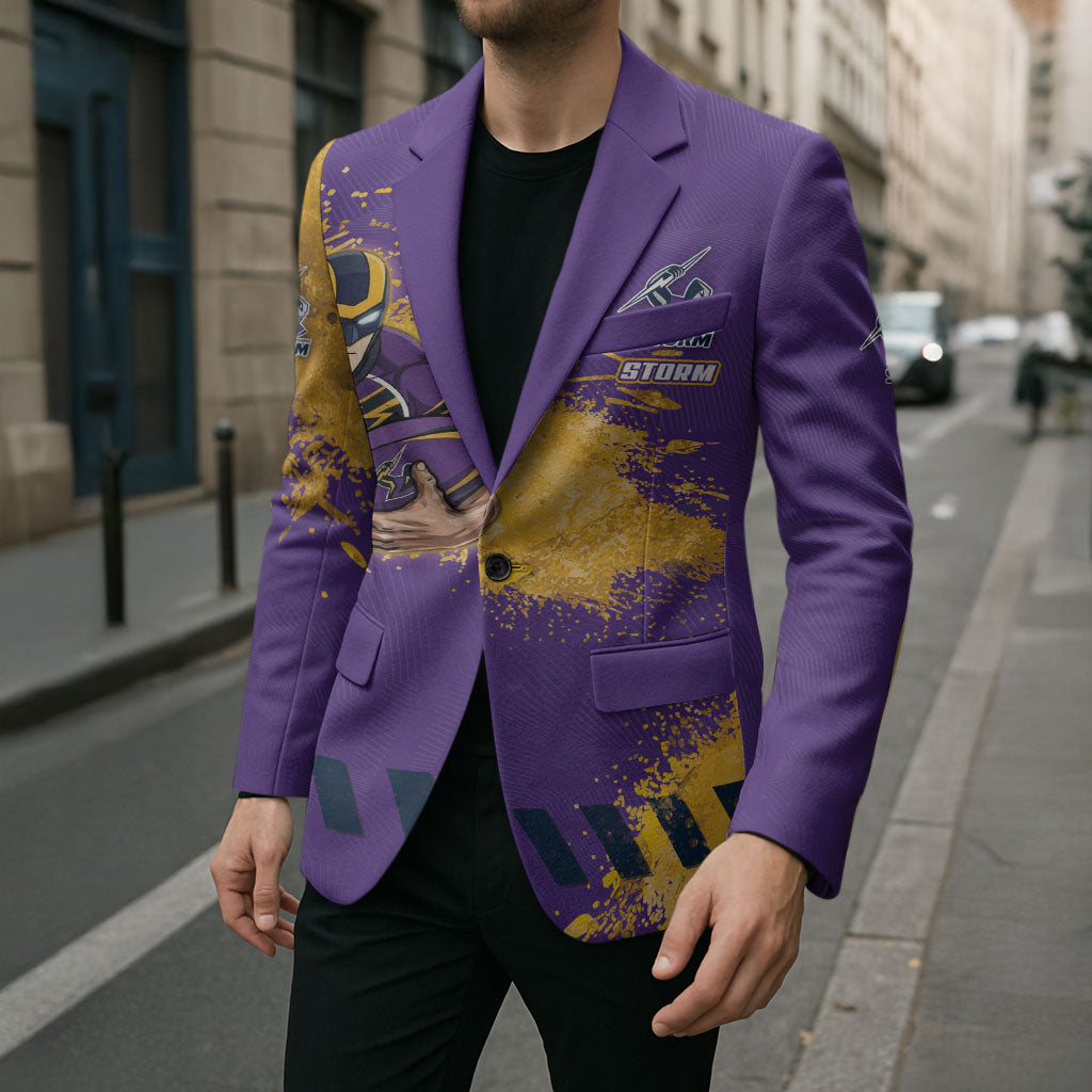 Personalised Melbourne Storm Rugby Blazer Superhero Purple Storm Mascot - Sporty Splash Art Style