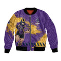 Personalised Melbourne Storm Rugby Bomber Jacket Superhero Purple Storm Mascot - Sporty Splash Art Style