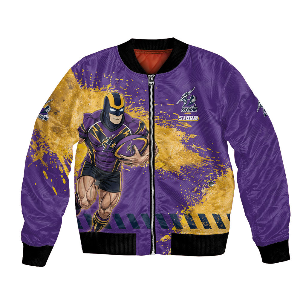 Personalised Melbourne Storm Rugby Bomber Jacket Superhero Purple Storm Mascot - Sporty Splash Art Style