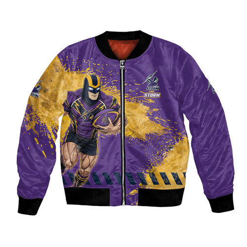 Personalised Melbourne Storm Rugby Bomber Jacket Superhero Purple Storm Mascot - Sporty Splash Art Style