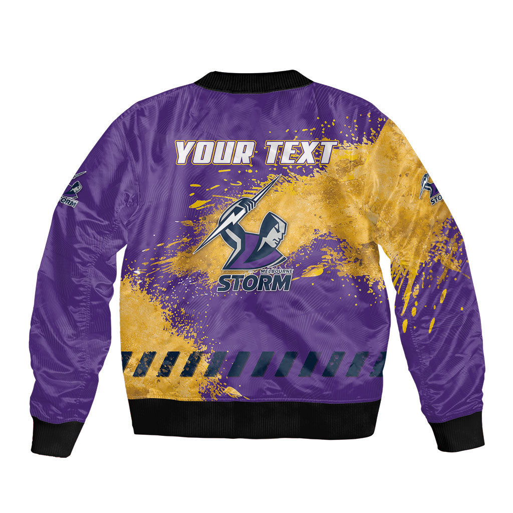 Personalised Melbourne Storm Rugby Bomber Jacket Superhero Purple Storm Mascot - Sporty Splash Art Style