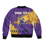 Personalised Melbourne Storm Rugby Bomber Jacket Superhero Purple Storm Mascot - Sporty Splash Art Style