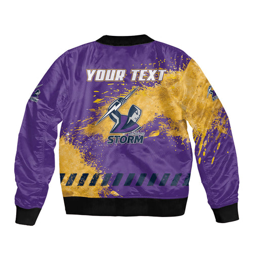Personalised Melbourne Storm Rugby Bomber Jacket Superhero Purple Storm Mascot - Sporty Splash Art Style
