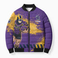 Personalised Melbourne Storm Rugby Bomber Puffer Jacket Superhero Purple Storm Mascot - Sporty Splash Art Style