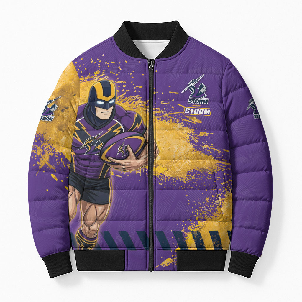 Personalised Melbourne Storm Rugby Bomber Puffer Jacket Superhero Purple Storm Mascot - Sporty Splash Art Style