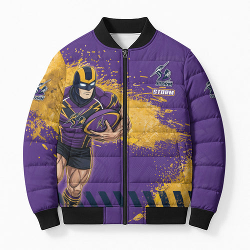 Personalised Melbourne Storm Rugby Bomber Puffer Jacket Superhero Purple Storm Mascot - Sporty Splash Art Style
