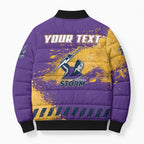 Personalised Melbourne Storm Rugby Bomber Puffer Jacket Superhero Purple Storm Mascot - Sporty Splash Art Style
