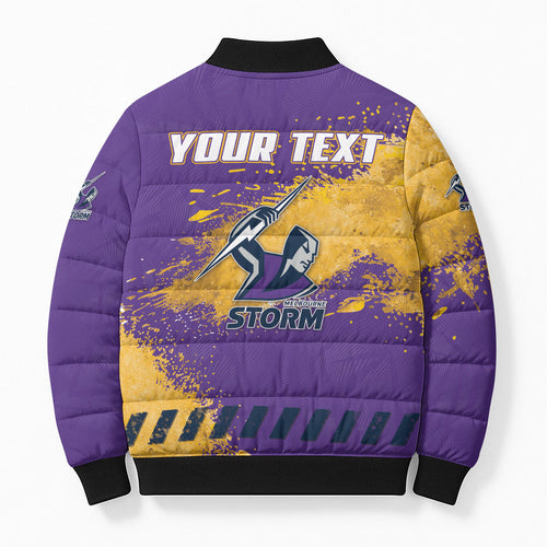 Personalised Melbourne Storm Rugby Bomber Puffer Jacket Superhero Purple Storm Mascot - Sporty Splash Art Style
