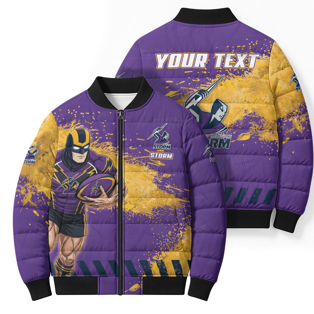 Personalised Melbourne Storm Rugby Bomber Puffer Jacket Superhero Purple Storm Mascot - Sporty Splash Art Style
