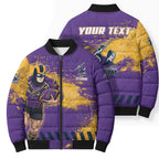 Personalised Melbourne Storm Rugby Bomber Puffer Jacket Superhero Purple Storm Mascot - Sporty Splash Art Style