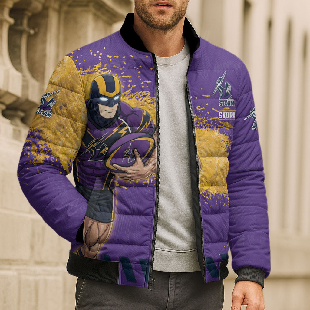 Personalised Melbourne Storm Rugby Bomber Puffer Jacket Superhero Purple Storm Mascot - Sporty Splash Art Style