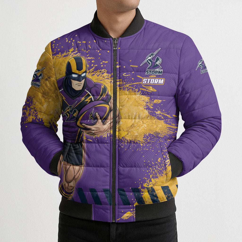 Personalised Melbourne Storm Rugby Bomber Puffer Jacket Superhero Purple Storm Mascot - Sporty Splash Art Style