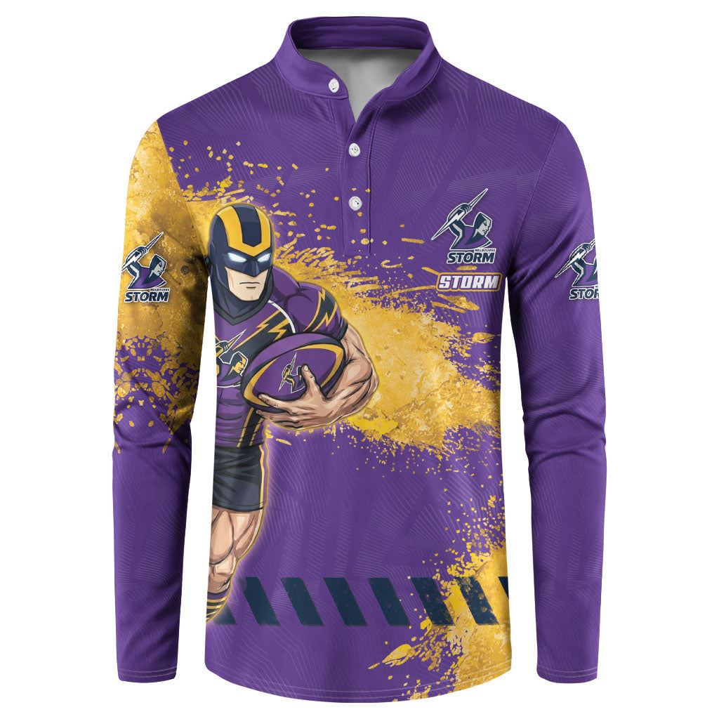 Personalised Melbourne Storm Rugby Button Sweatshirt Superhero Purple Storm Mascot - Sporty Splash Art Style