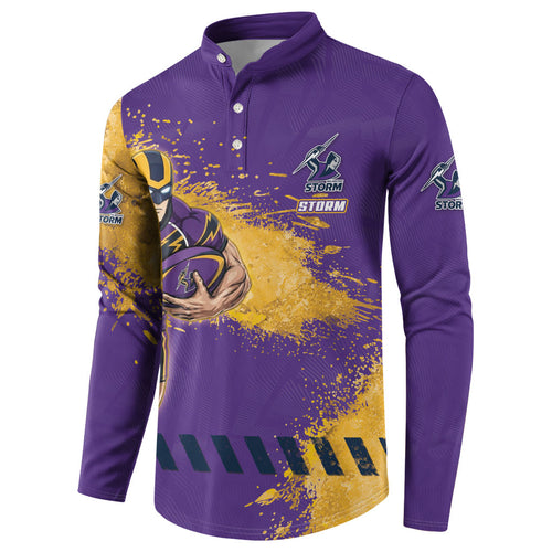 Personalised Melbourne Storm Rugby Button Sweatshirt Superhero Purple Storm Mascot - Sporty Splash Art Style