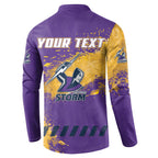 Personalised Melbourne Storm Rugby Button Sweatshirt Superhero Purple Storm Mascot - Sporty Splash Art Style