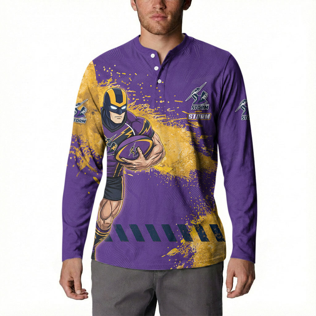 Personalised Melbourne Storm Rugby Button Sweatshirt Superhero Purple Storm Mascot - Sporty Splash Art Style