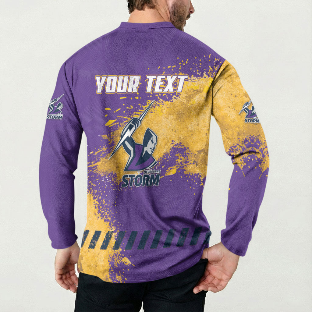 Personalised Melbourne Storm Rugby Button Sweatshirt Superhero Purple Storm Mascot - Sporty Splash Art Style