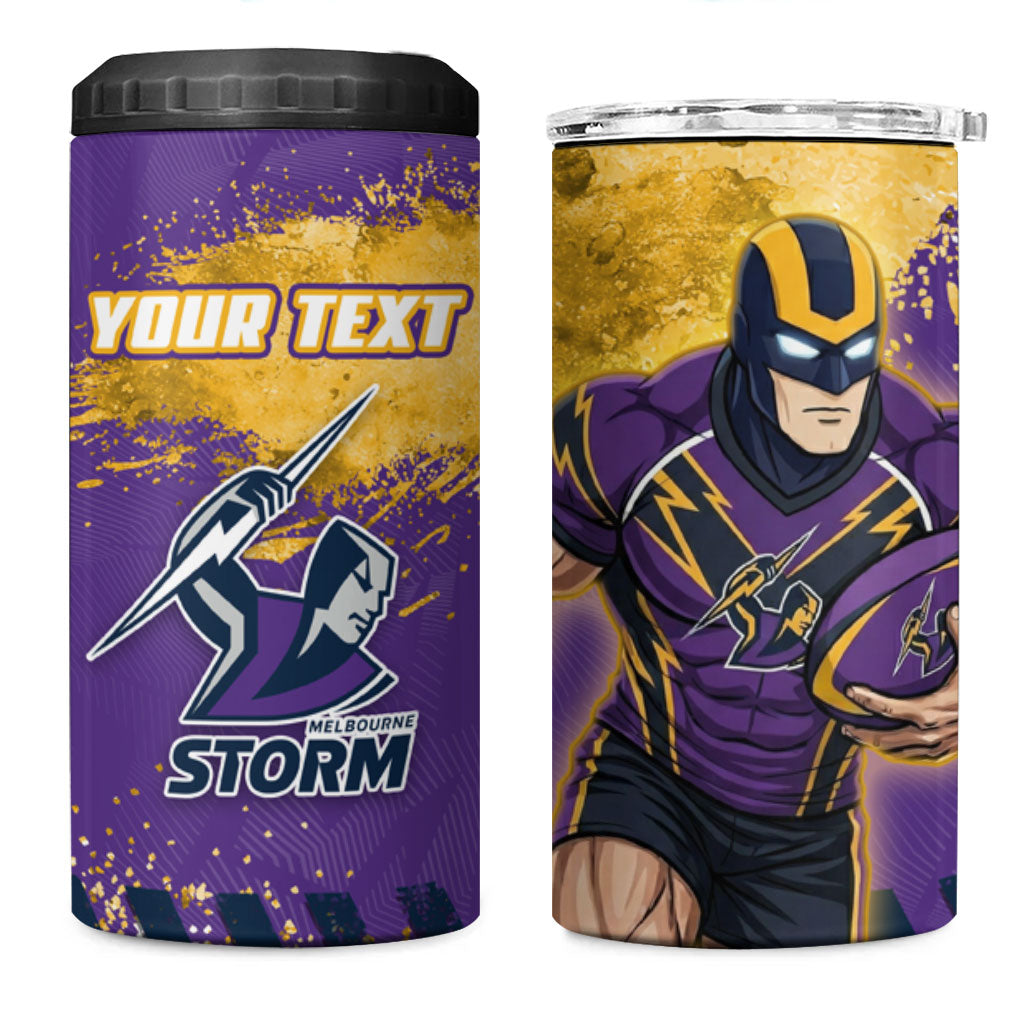 Personalised Melbourne Storm Rugby 4 in 1 Can Cooler Tumbler Superhero Purple Storm Mascot - Sporty Splash Art Style