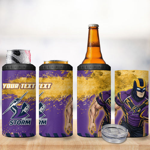 Personalised Melbourne Storm Rugby 4 in 1 Can Cooler Tumbler Superhero Purple Storm Mascot - Sporty Splash Art Style