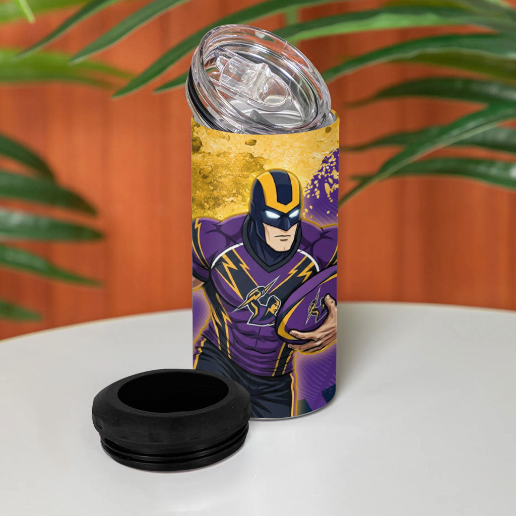 Personalised Melbourne Storm Rugby 4 in 1 Can Cooler Tumbler Superhero Purple Storm Mascot - Sporty Splash Art Style