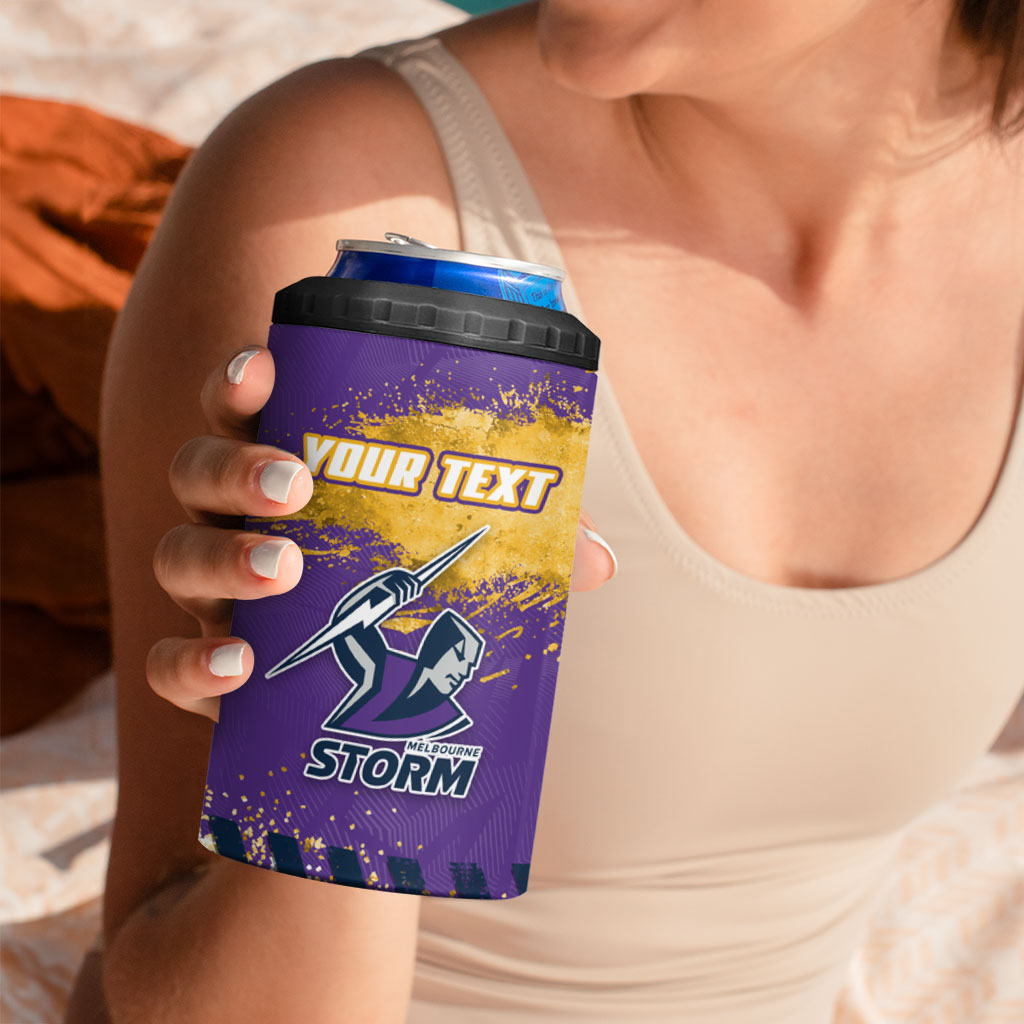 Personalised Melbourne Storm Rugby 4 in 1 Can Cooler Tumbler Superhero Purple Storm Mascot - Sporty Splash Art Style