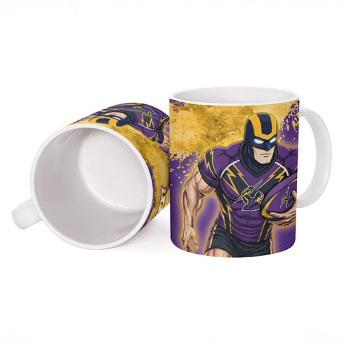 Personalised Melbourne Storm Rugby Ceramic Mug Superhero Purple Storm Mascot - Sporty Splash Art Style