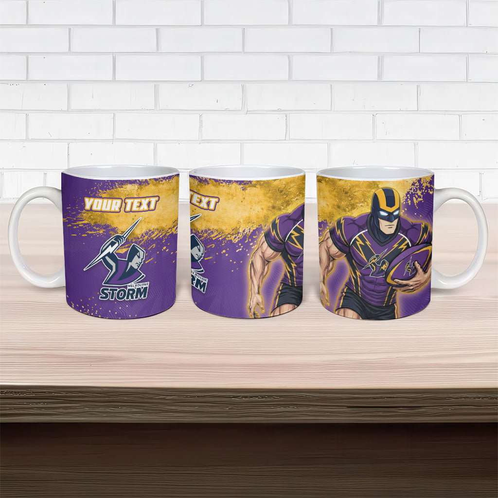 Personalised Melbourne Storm Rugby Ceramic Mug Superhero Purple Storm Mascot - Sporty Splash Art Style