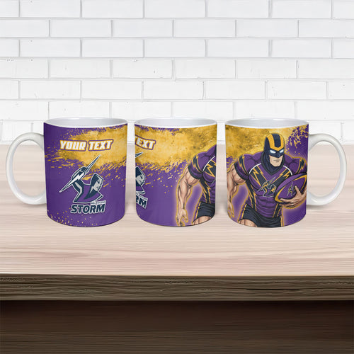Personalised Melbourne Storm Rugby Ceramic Mug Superhero Purple Storm Mascot - Sporty Splash Art Style