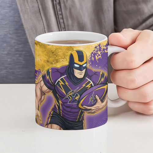 Personalised Melbourne Storm Rugby Ceramic Mug Superhero Purple Storm Mascot - Sporty Splash Art Style