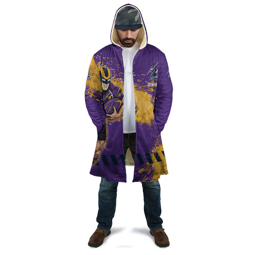 Personalised Melbourne Storm Rugby Cloak Superhero Purple Storm Mascot - Sporty Splash Art Style