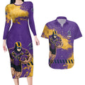 Personalised Melbourne Storm Rugby Couples Matching Long Sleeve Bodycon Dress and Hawaiian Shirt Superhero Purple Storm Mascot - Sporty Splash Art Style