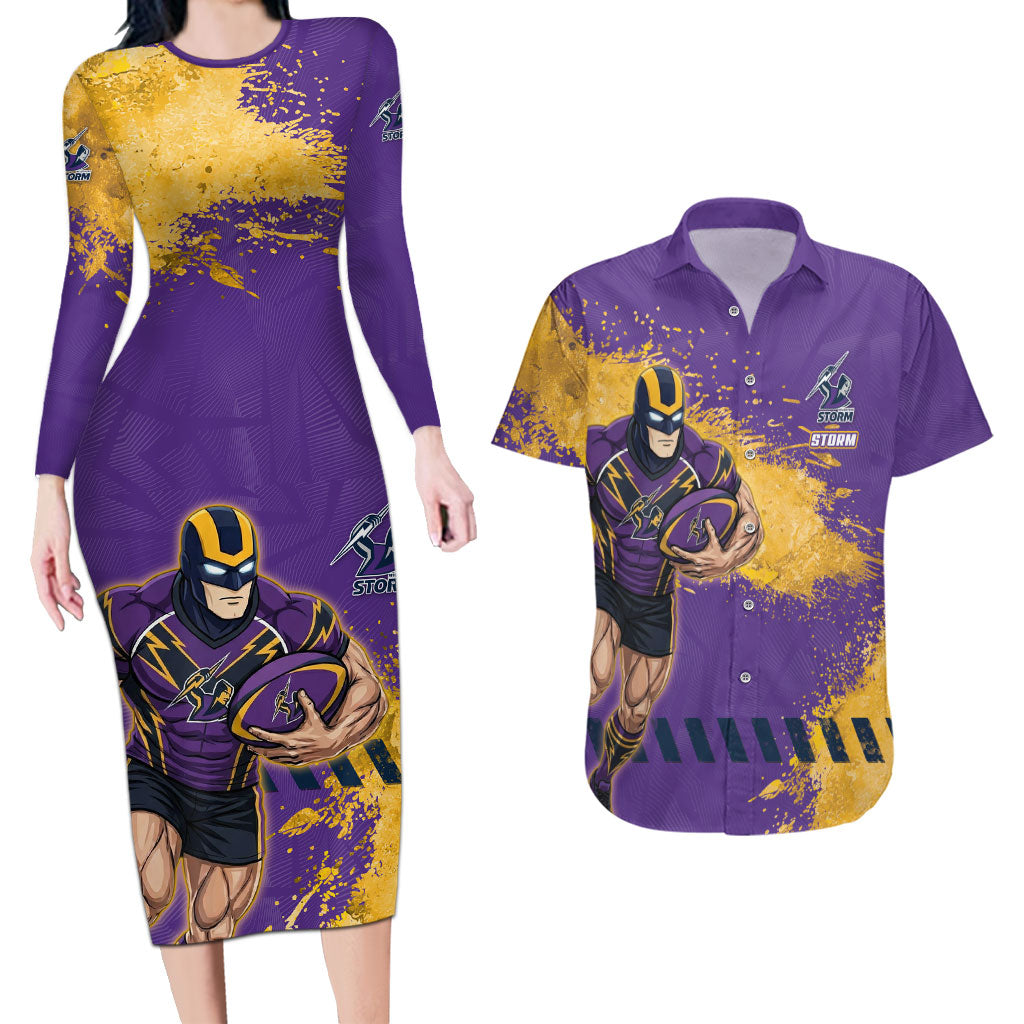 Personalised Melbourne Storm Rugby Couples Matching Long Sleeve Bodycon Dress and Hawaiian Shirt Superhero Purple Storm Mascot - Sporty Splash Art Style