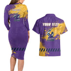 Personalised Melbourne Storm Rugby Couples Matching Long Sleeve Bodycon Dress and Hawaiian Shirt Superhero Purple Storm Mascot - Sporty Splash Art Style