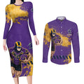 Personalised Melbourne Storm Rugby Couples Matching Long Sleeve Bodycon Dress and Long Sleeve Button Shirt Superhero Purple Storm Mascot - Sporty Splash Art Style