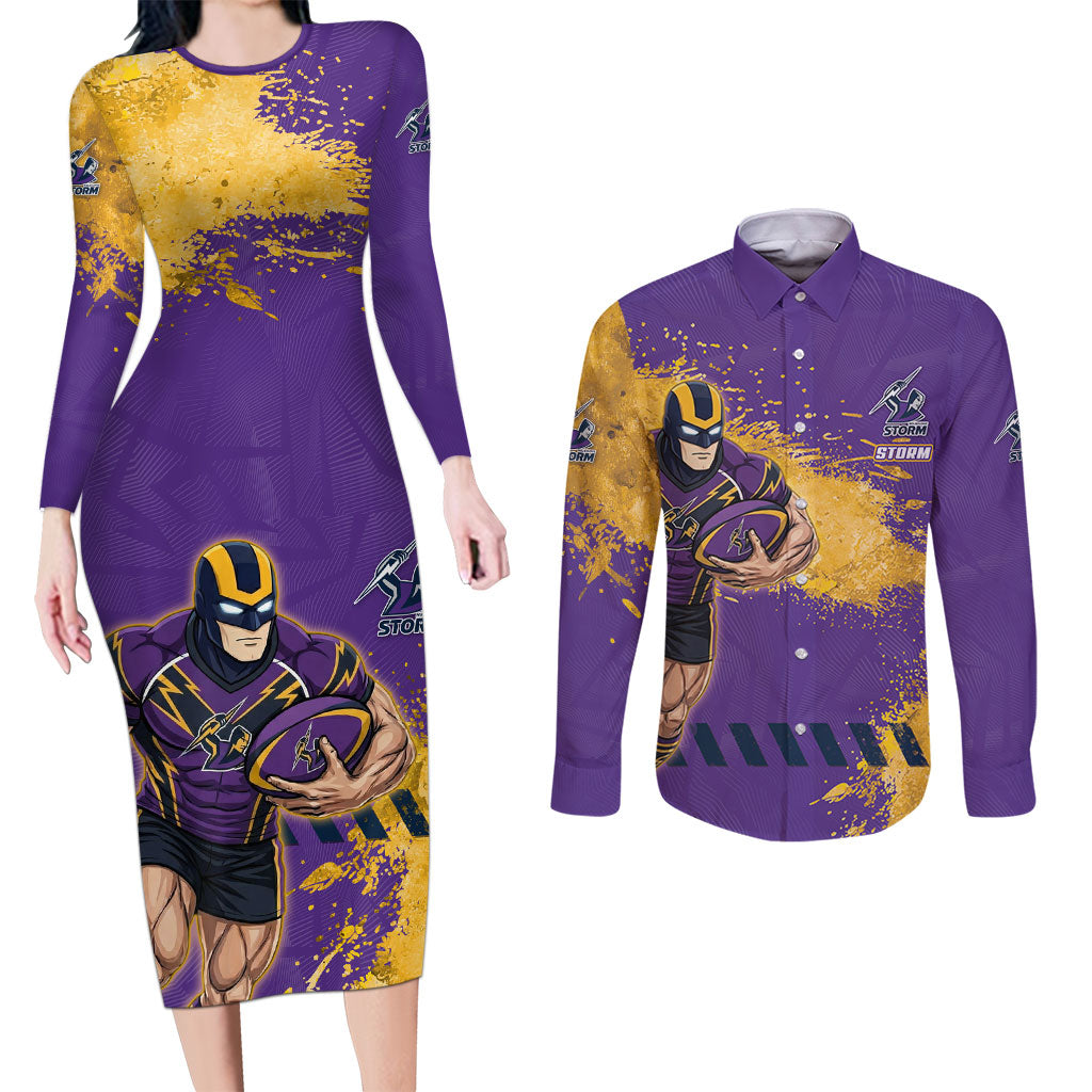Personalised Melbourne Storm Rugby Couples Matching Long Sleeve Bodycon Dress and Long Sleeve Button Shirt Superhero Purple Storm Mascot - Sporty Splash Art Style