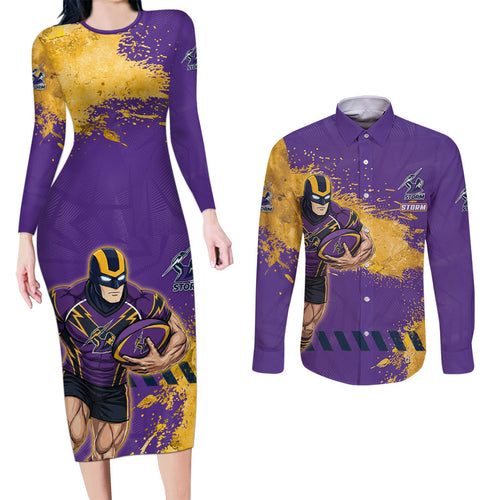 Personalised Melbourne Storm Rugby Couples Matching Long Sleeve Bodycon Dress and Long Sleeve Button Shirt Superhero Purple Storm Mascot - Sporty Splash Art Style