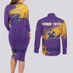 Personalised Melbourne Storm Rugby Couples Matching Long Sleeve Bodycon Dress and Long Sleeve Button Shirt Superhero Purple Storm Mascot - Sporty Splash Art Style
