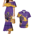 Personalised Melbourne Storm Rugby Couples Matching Mermaid Dress and Hawaiian Shirt Superhero Purple Storm Mascot - Sporty Splash Art Style