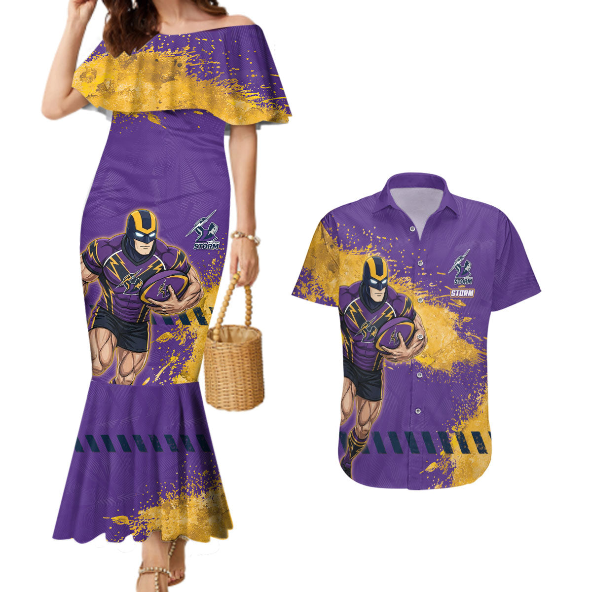 Personalised Melbourne Storm Rugby Couples Matching Mermaid Dress and Hawaiian Shirt Superhero Purple Storm Mascot - Sporty Splash Art Style