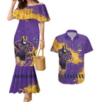 Personalised Melbourne Storm Rugby Couples Matching Mermaid Dress and Hawaiian Shirt Superhero Purple Storm Mascot - Sporty Splash Art Style
