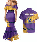 Personalised Melbourne Storm Rugby Couples Matching Mermaid Dress and Hawaiian Shirt Superhero Purple Storm Mascot - Sporty Splash Art Style