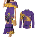 Personalised Melbourne Storm Rugby Couples Matching Mermaid Dress and Long Sleeve Button Shirt Superhero Purple Storm Mascot - Sporty Splash Art Style